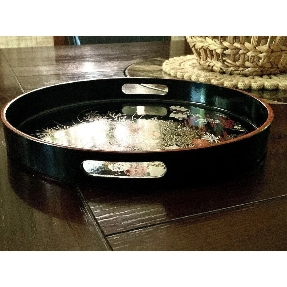 VINTAGE JAPANESE YAMANAKA LACQUERWARE CHRYSANTHEMUM ROUND SERVING TRAY 12.5
